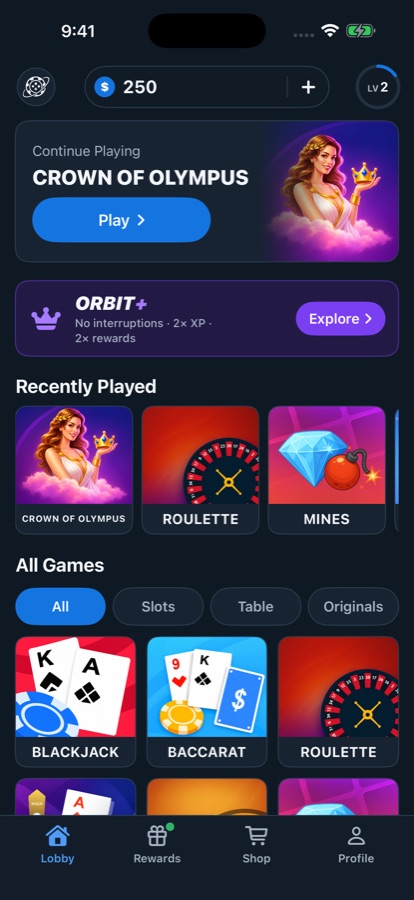 Lobby d’Orbit Casino avec Crown of Olympus, les jeux récents et la bibliothèque de tous les jeux