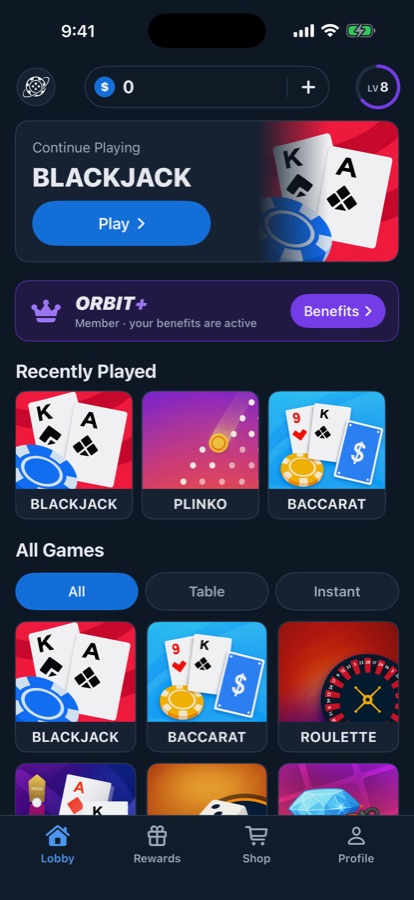 Orbit Casino game lobby